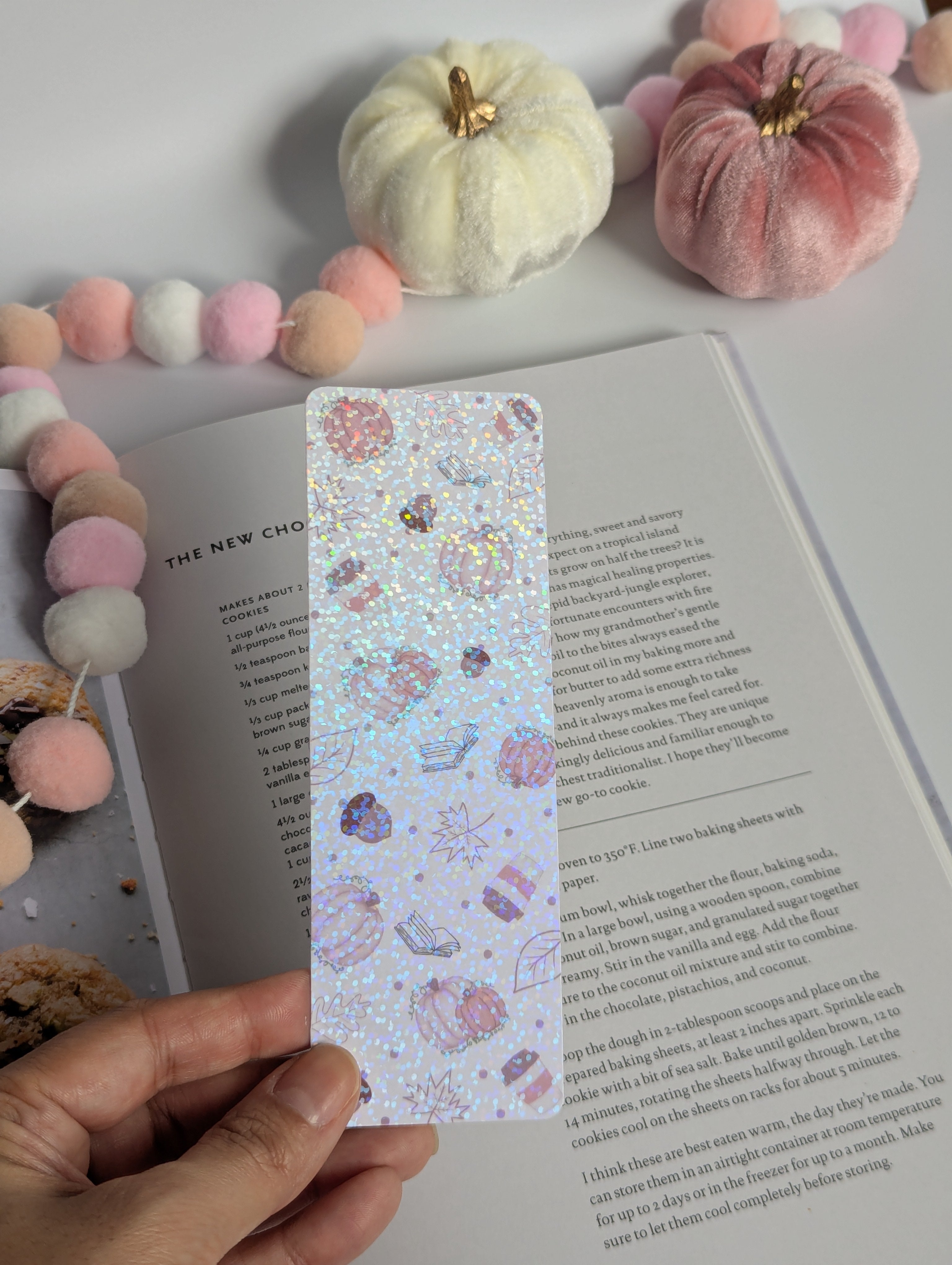 Pink Pumpkin Fall Theme Holographic Dots Bookmark