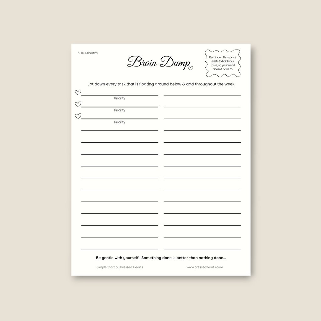 Brain Dump Planner Pad, Simple Start 8.5x11"